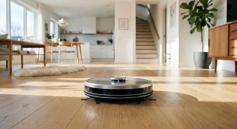 A modern robot vacuum cleaning a bright Scandinavian living room with hardwood floors, an open kitchen, and a staircase visible in the background.