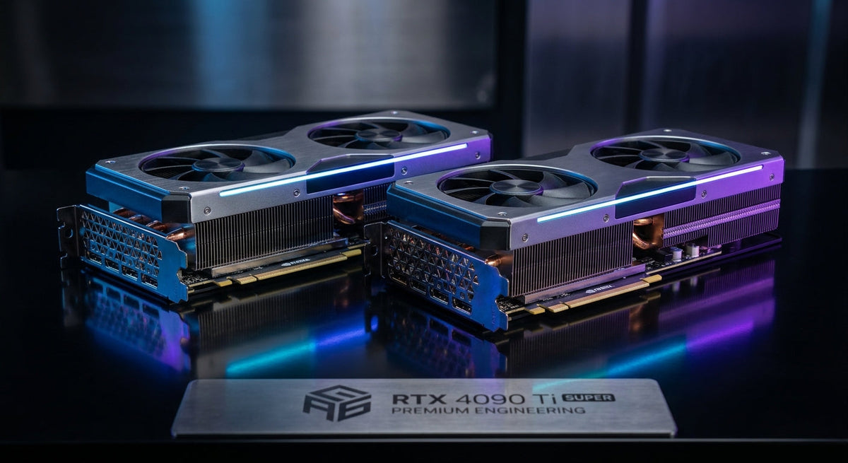 Two high-end NVIDIA graphics cards displayed side by side under dramatic blue and violet studio lighting on a dark reflective surface.