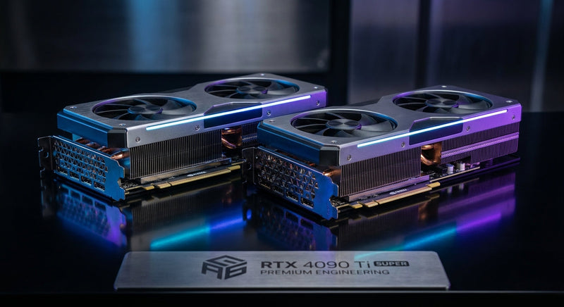 Two high-end NVIDIA graphics cards displayed side by side under dramatic blue and violet studio lighting on a dark reflective surface.